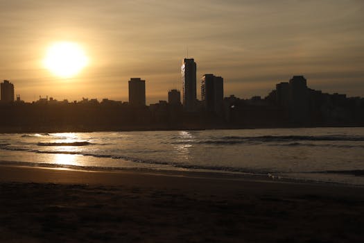 Captivating sunset over Mar del Plata's coastal skyline, showcasing beautiful silhouettes.