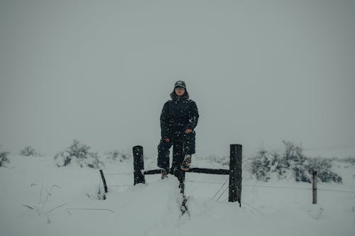 Person Wearing Winter Clothes Sitting on Wood Post on Snow Covered Ground