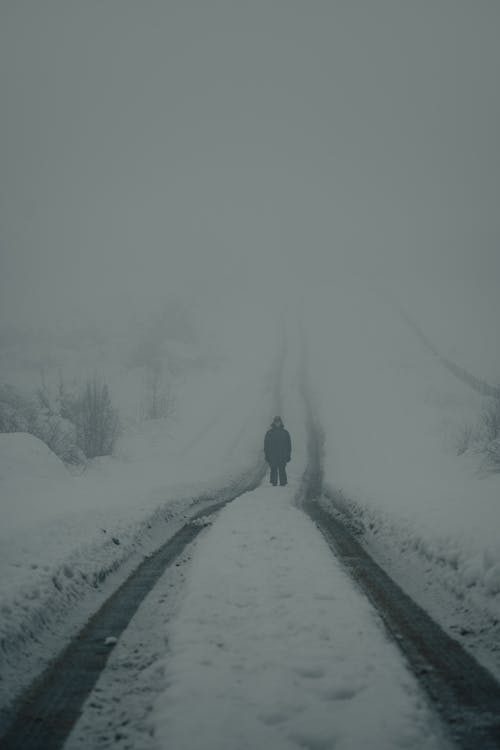 Man Standing in the Middle of the Road on a Winter Foggy Day
