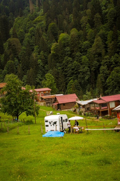 Free Green Landscape with Forest and Camper on a Field Stock Photo