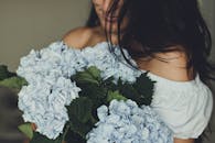 一位女士手持一束美丽的淡蓝色绣球花，优雅与浪漫尽显其中