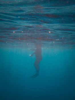 Blurred silhouette of a person diving in the deep blue ocean, creating a serene underwater scene.