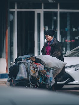 An elderly woman pushes a cart filled with belongings on a city street, highlighting resilience and urban life.
