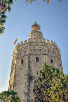 Captivating view of Torre del Oro in Seville, a prominent watchtower against a clear blue sky.