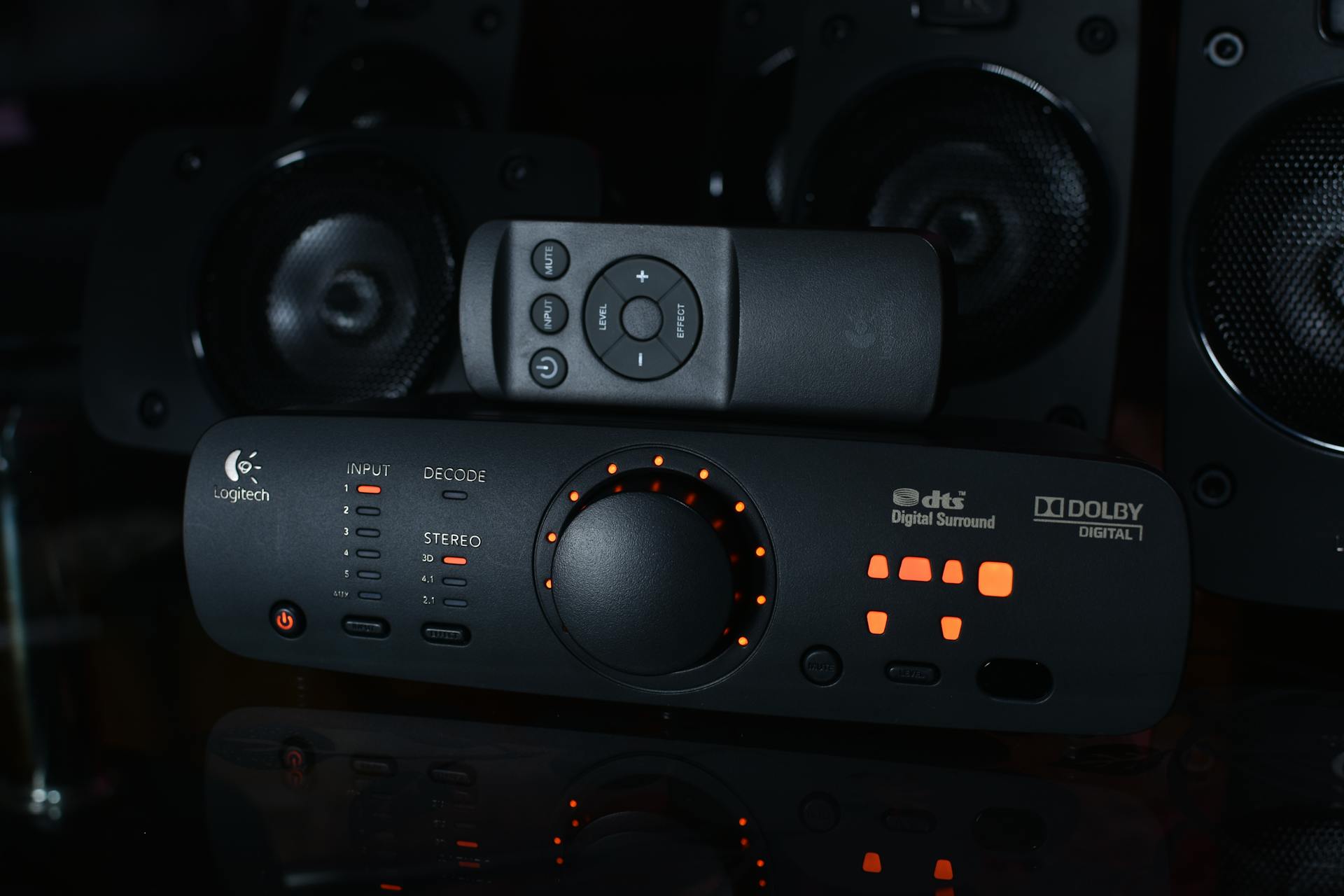 Close-up of audio equipment featuring Dolby Digital surround for premium sound experience.