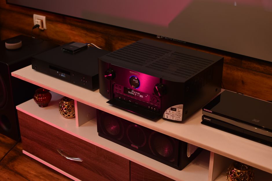 Sophisticated home theater setup with premium amplifier and speaker system