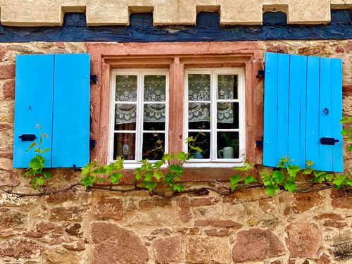 Free A charming stone house facade with blue shutters and grapevine accents around a window. Stock Photo