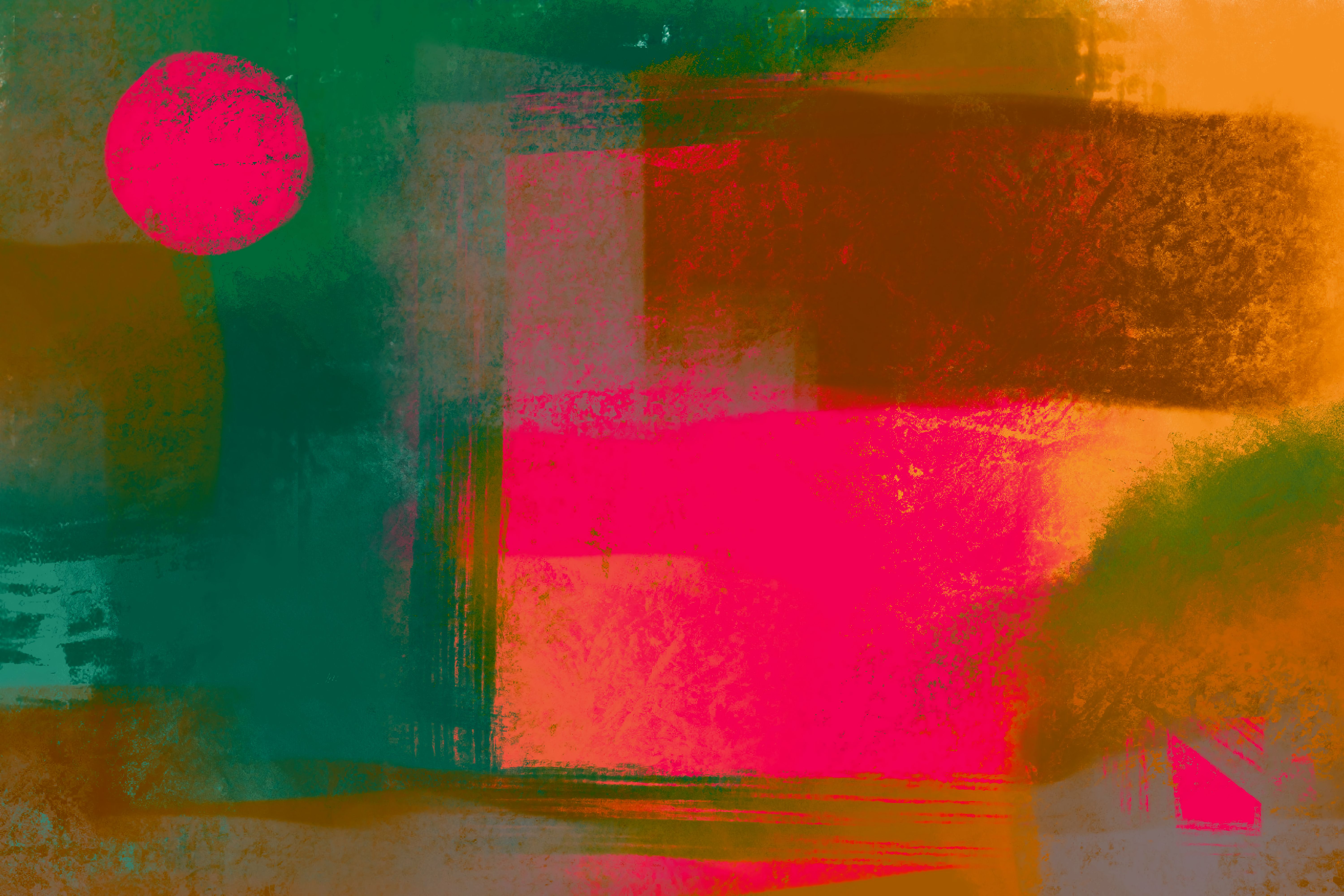 An abstract painting featuring a vibrant mix of colors with a red sun, embodying modern art.