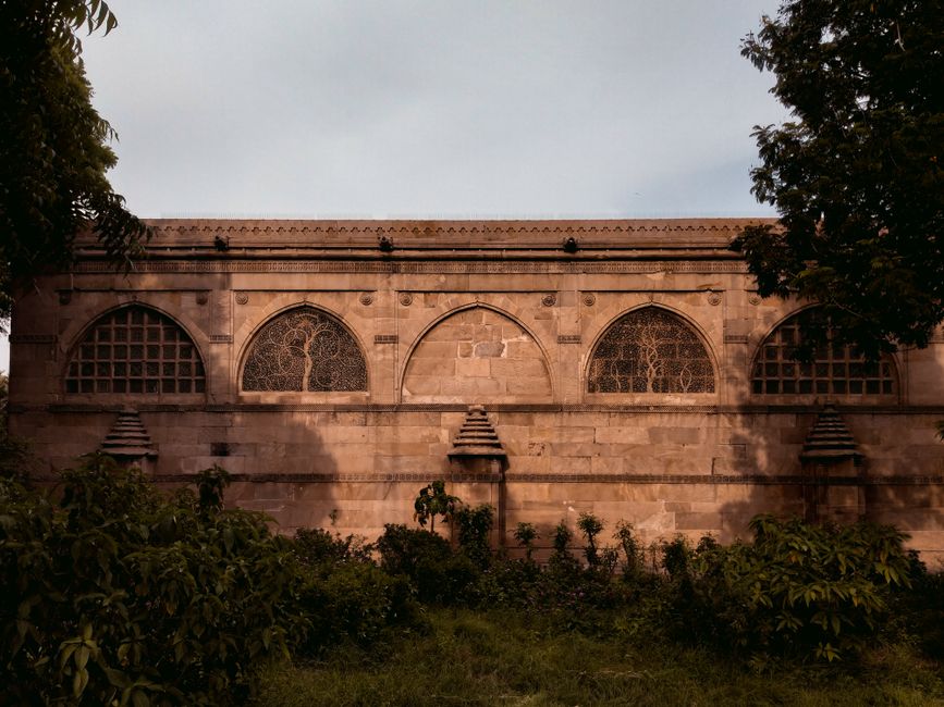 Explore the intricate stone architecture of a historic wall in Ahmedabad, India.