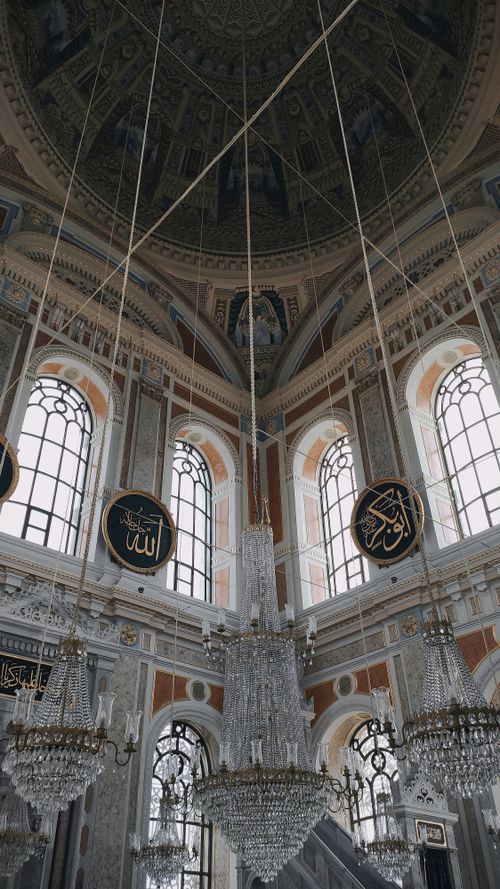 Free Captivating view of the intricate dome and chandeliers inside Ortaköy Mosque, Istanbul. Stock Photo