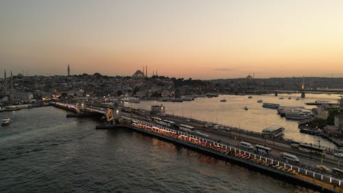 Aerial Photography of Galata Bridge in Istanbul, Turkey during Sunset