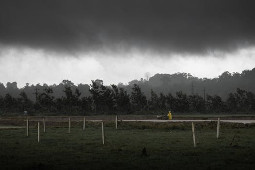 A lone figure in a yellow raincoat amid a dark, stormy rural setting, highlighting nature's power.