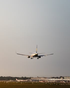 A commercial airplane approaches landing at sunset, showcasing aviation at Hamburg Airport.