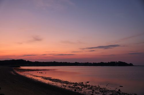 Free Scenic beach sunrise in Stamford, CT with a vibrant pink sky and calm ocean waves. Stock Photo