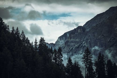Free Moody mountain landscape with clouds over coniferous forest. Stock Photo