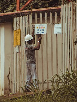 Construction worker placing safety sign on site fence in Ife, Nigeria.