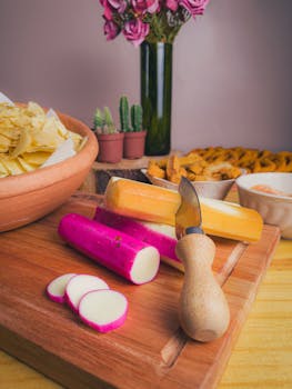 Colorful snack display featuring cheese and radishes on a wooden board with floral and cactus decor.