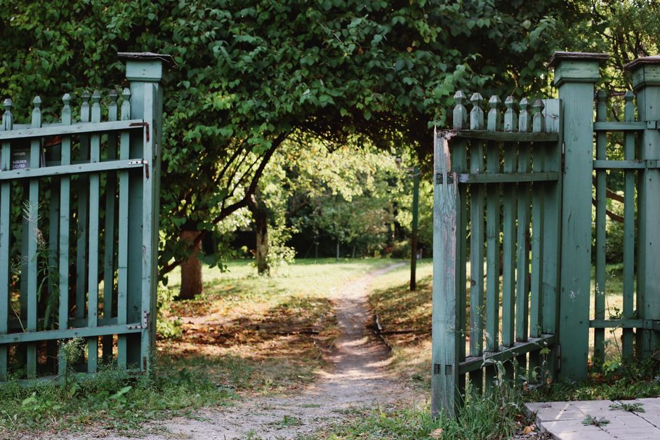 A charming green wooden gate opens up to a serene countryside pathway surrounded by lush trees.