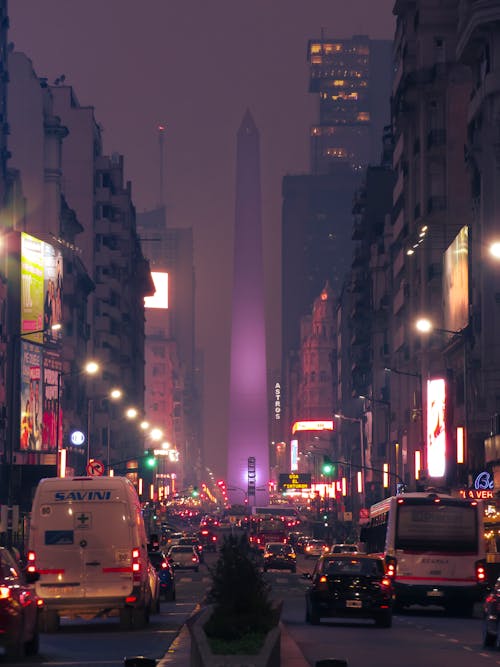 คลังภาพถ่ายฟรี ของ obelisco, กลางคืน, การจราจร