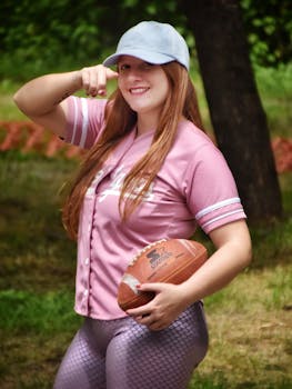 Confident woman in pink jersey and blue cap holding a football outdoors.