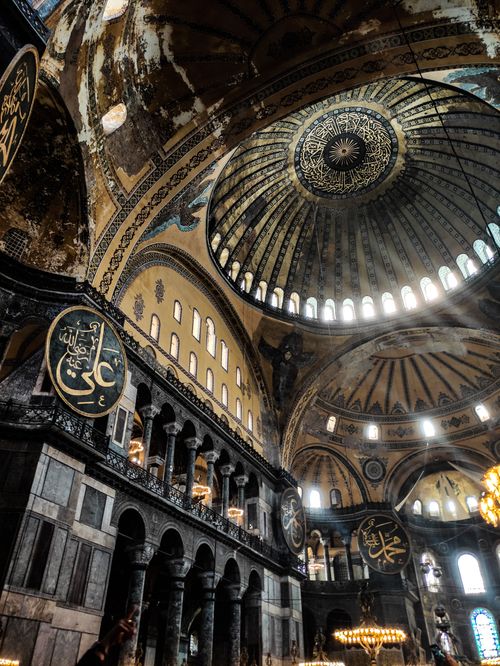 Free Stunning view of Hagia Sophia's iconic dome and interior details showcasing Islamic architecture. Stock Photo