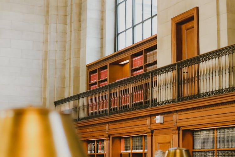 Wooden Shelves Inside A Library