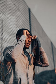Outdoor portrait of a young man adjusting his headwear near a chain-link fence at sunset.