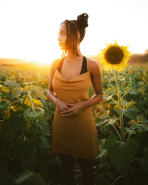 Woman Standing in Sunflower Field