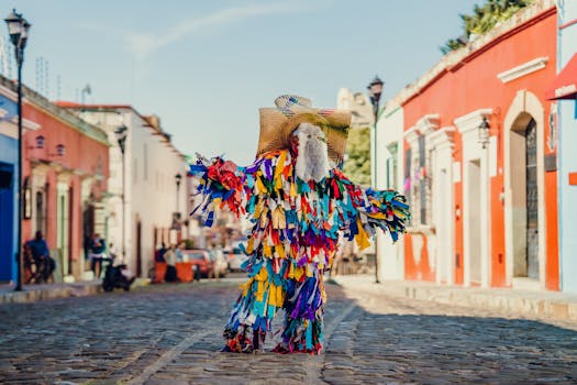 Vibrant traditional costume on a cobbled street in Oaxaca, Mexico, showcasing Mexican folklore and culture.