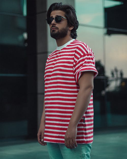 Man in Red Stripes T Shirt Wearing Sunglasses