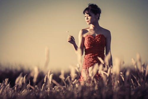 A Woman Wearing a Red Dress on a Field