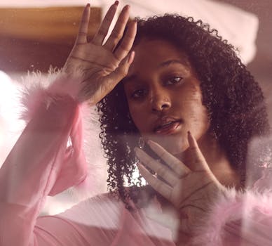 A stylish woman with curly hair poses behind glass, wearing a pink fluffy outfit.