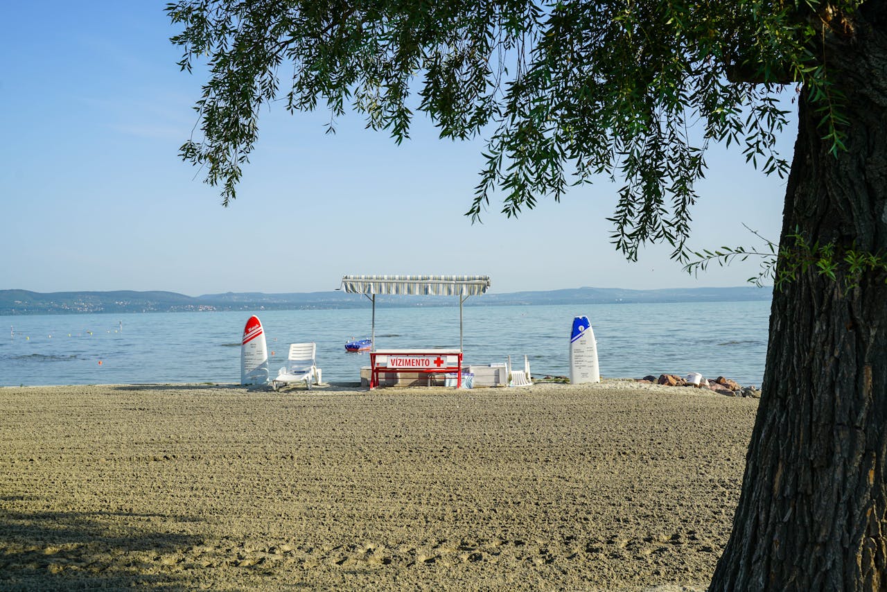Chiosco sulla spiaggia con sdraio e ombrelloni, vista costiera tranquilla
