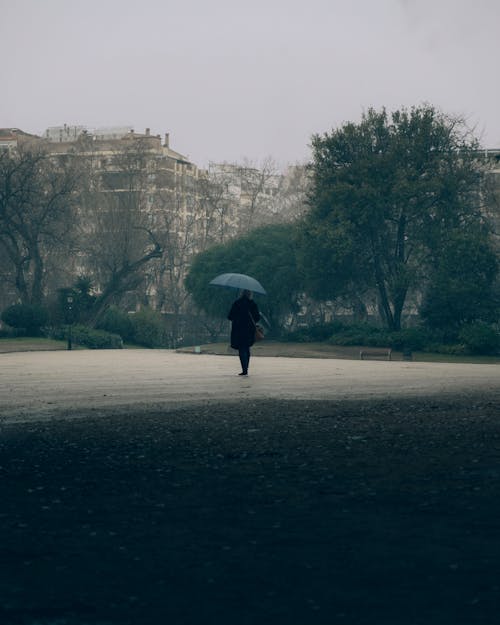 Free Person in Black Jacket Holding Umbrella Walking on Sidewalk Stock Photo