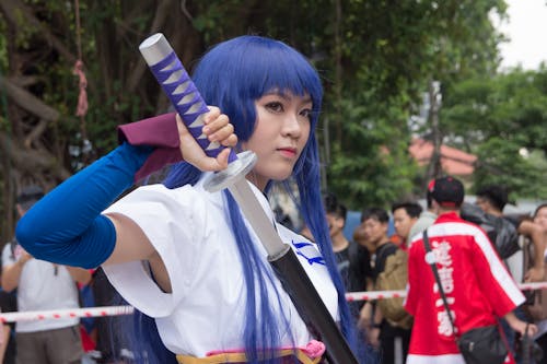 Woman Wearing Blue Wig