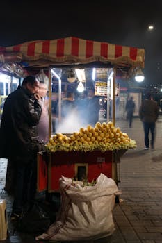 Nighttime street vendor selling roasted corn in a bustling area, misty atmosphere.