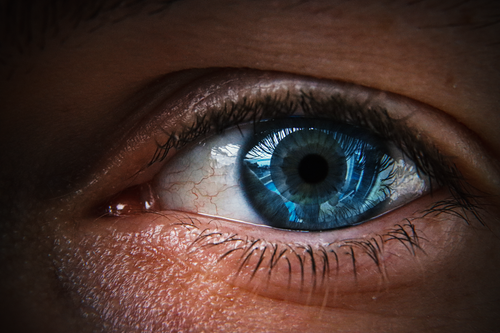 Free A macro shot of a human eye showcasing intricate details of the blue iris and realistic reflections. Stock Photo