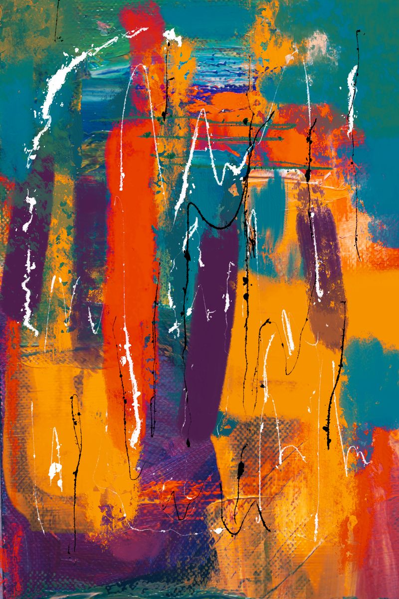 A dynamic abstract expressionist painting featuring bold and vibrant colors with energetic brush strokes.