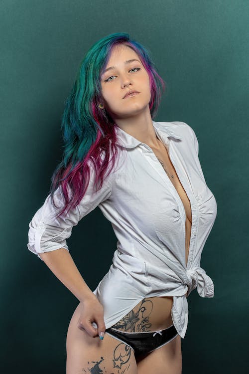 Woman with Colored Hair Wearing White Long Sleeves