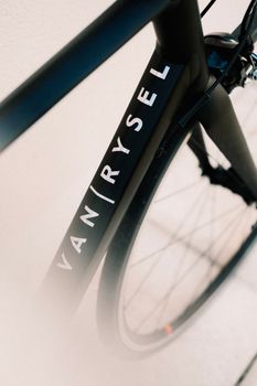 Detailed view of a Van Rysel bicycle frame showcasing design and branding.