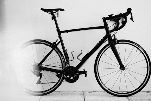 A black bicycle photographed in a minimalist monochrome style, showcasing its sleek design.