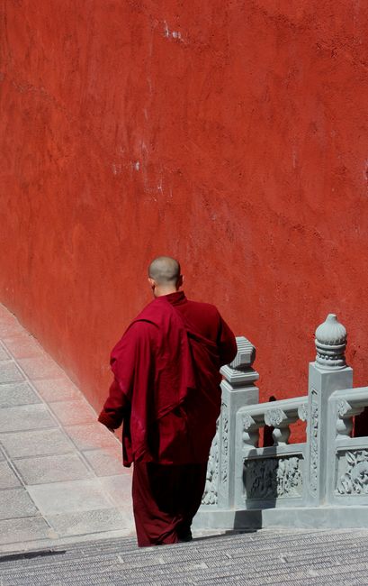 A Buddhist monk in a red robe walks down stone stairs beside a vibrant red wall.