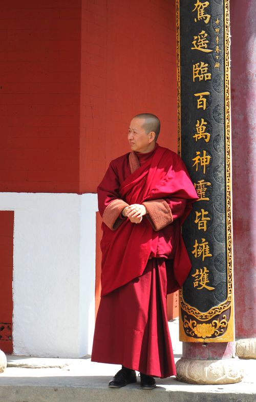 Free A Buddhist monk in traditional attire stands at a temple with Chinese inscriptions. Stock Photo