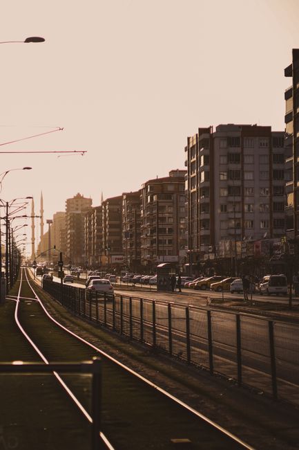 Captivating urban landscape view of a city street in Gaziantep, Turkey, during sunset.