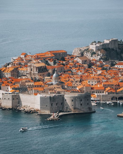 Drone shot showcasing the iconic walled city of Dubrovnik and its coastal beauty.