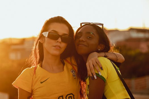 Two fashionable women in sunglasses enjoying a vibrant outdoor sunset.
