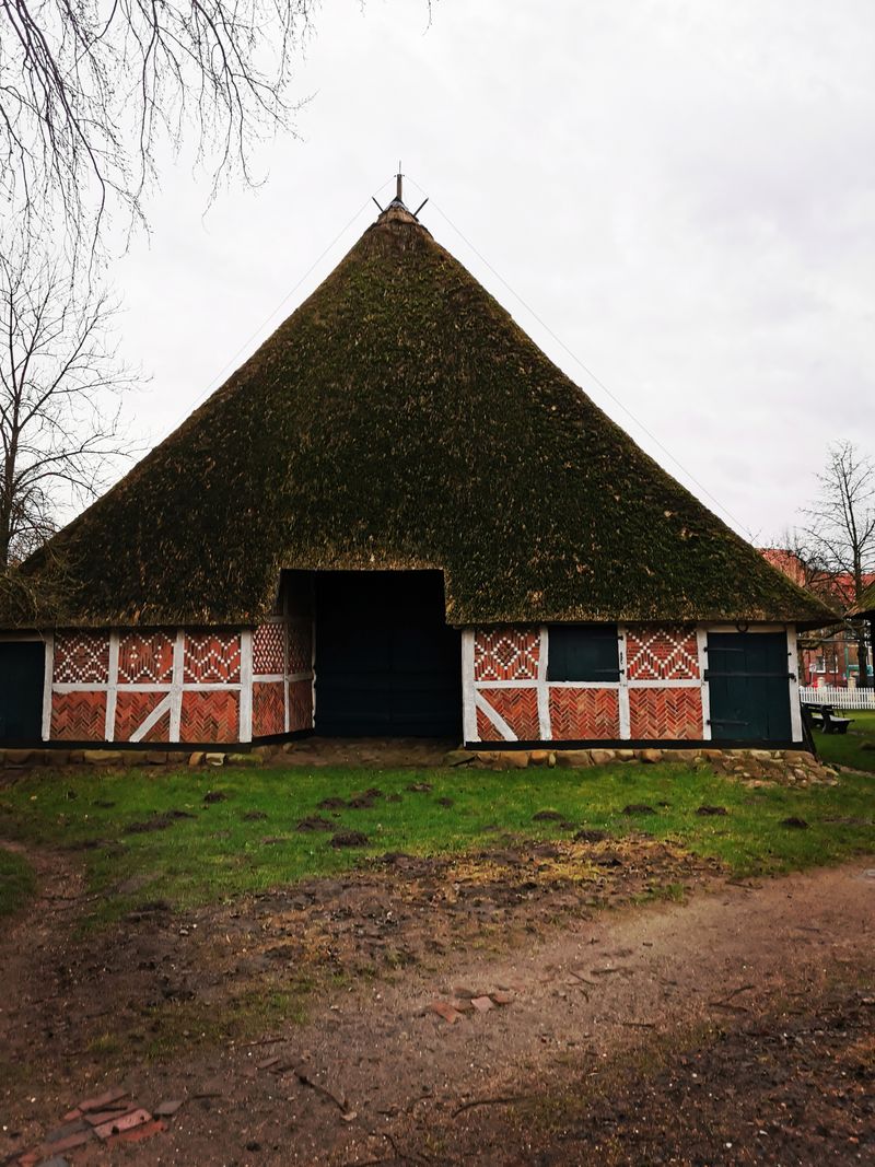 Historic countryside village with barn