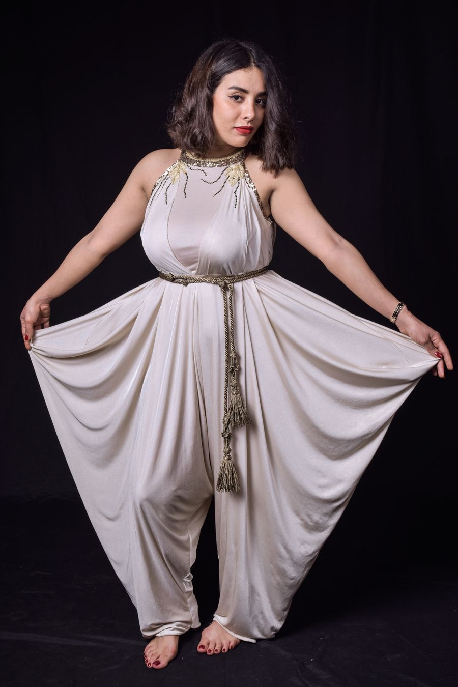Woman in an ivory evening gown