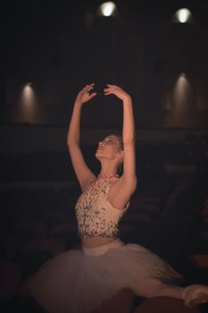A ballerina elegantly poses in a dimly lit theatre, showcasing grace and elegance in her dance.