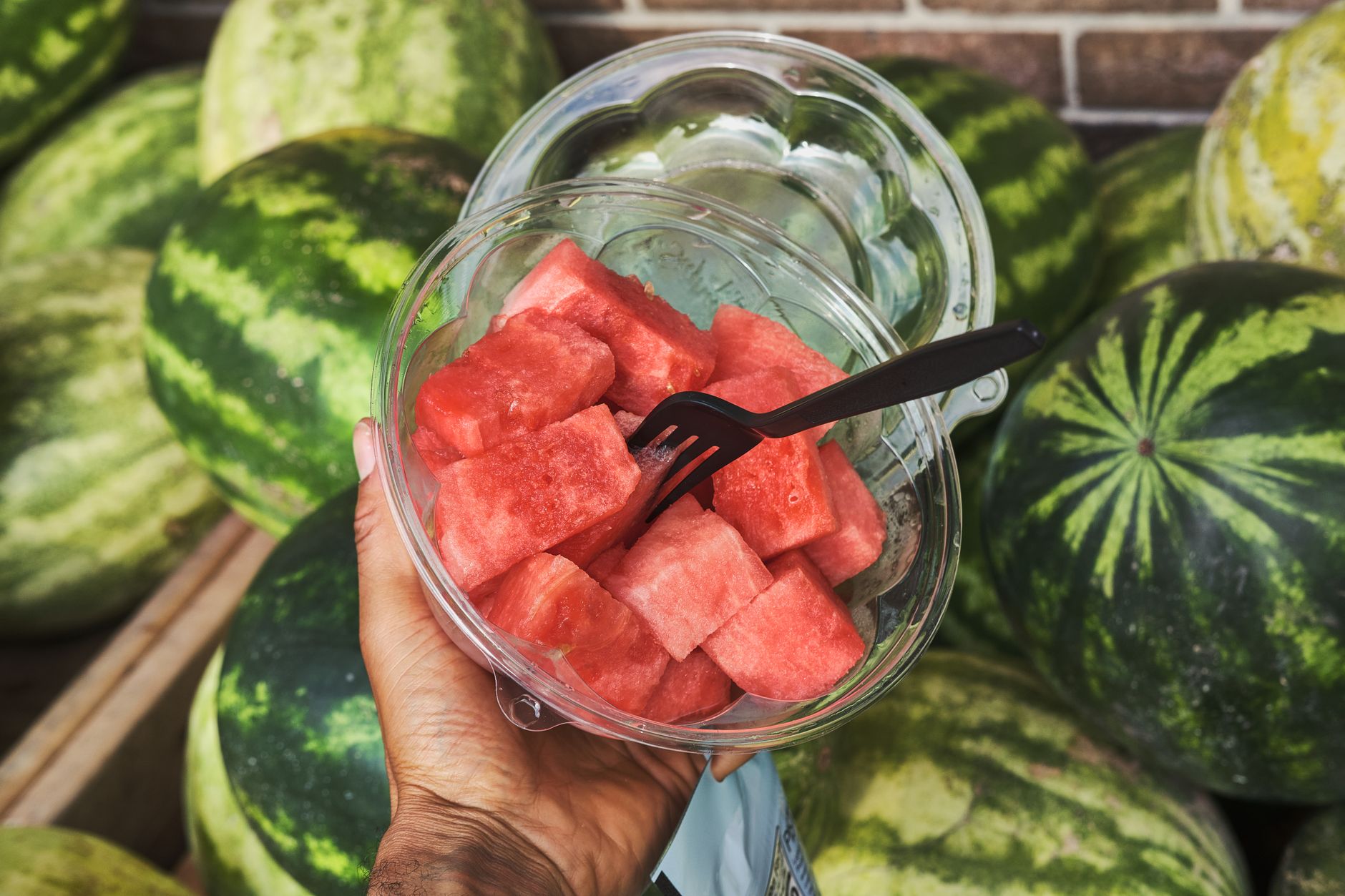 Frozen watermelon chunks in a clear freezer bag ready for storage